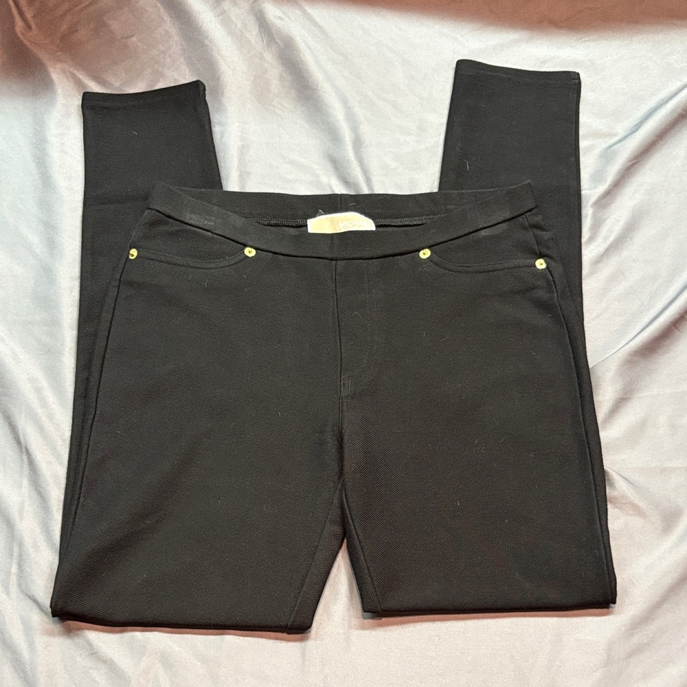 Michael Kors Black Skinny Pull On Leggings Gold‎ Hardware Stretch Pants Small